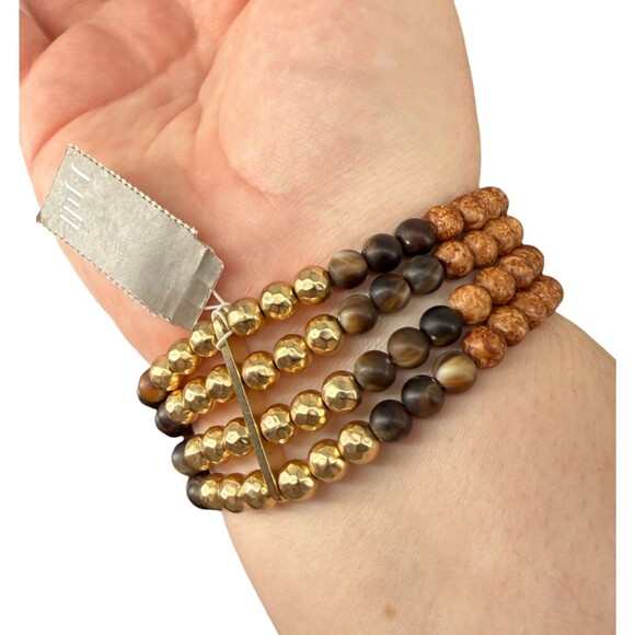 J. Jill Beaded Bracelet Stretch Wood Gold Tone Multi Strand Rustic Boho Earthy - Picture 10 of 10
